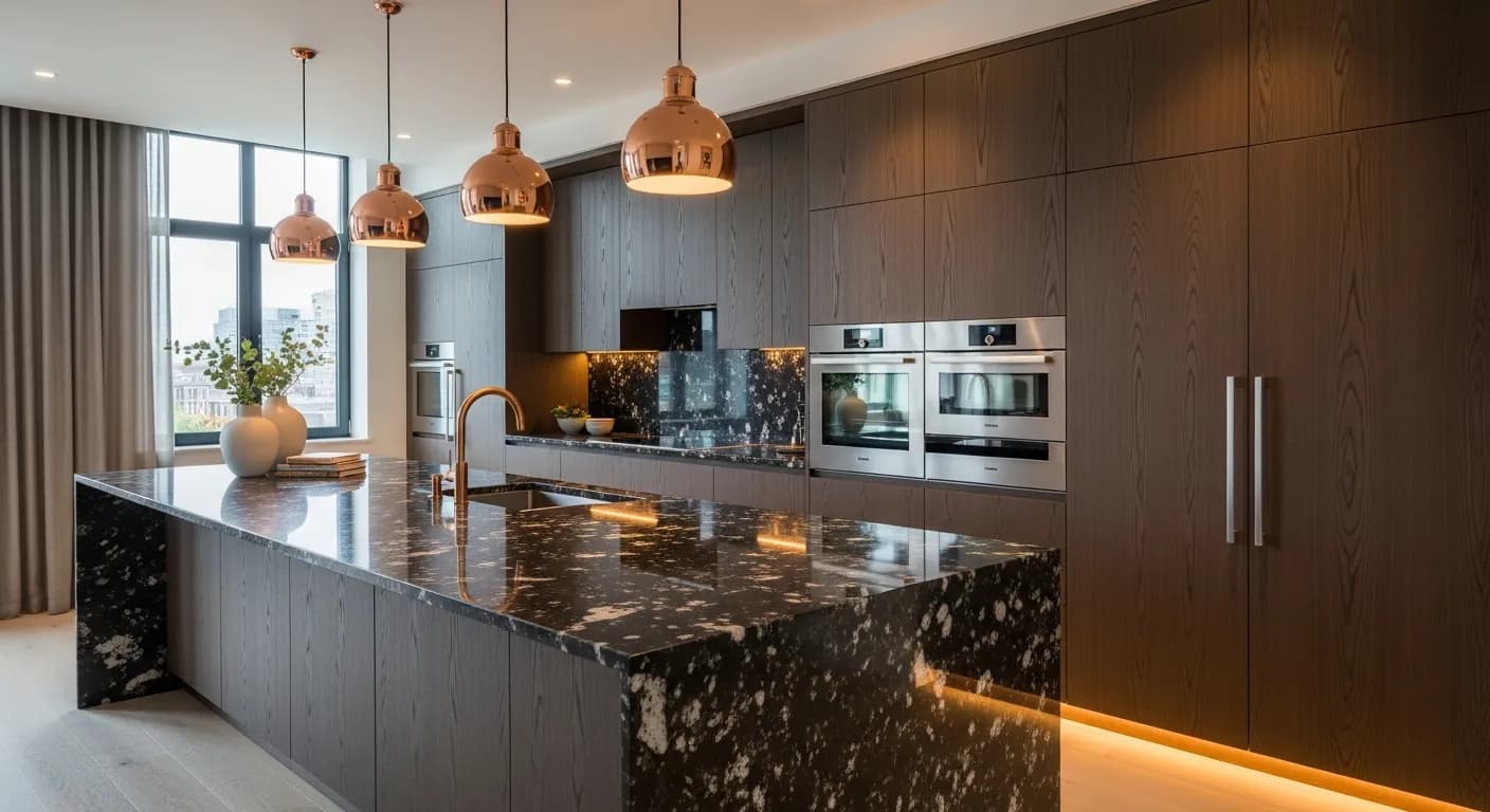 Luxury kitchen with restored granite island